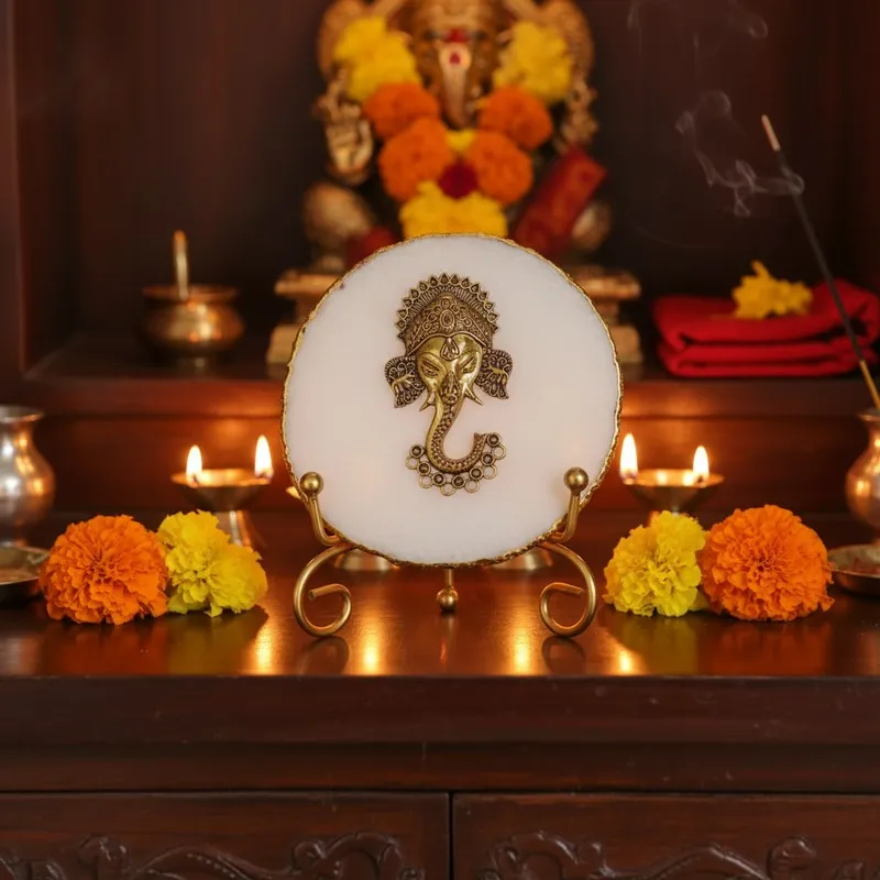Ganesha Grace Agate Showpiece With Stand - White media 1