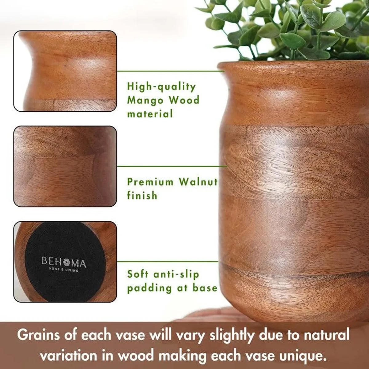 Close-up of a dark brown wooden vase showing wood grain and base pad