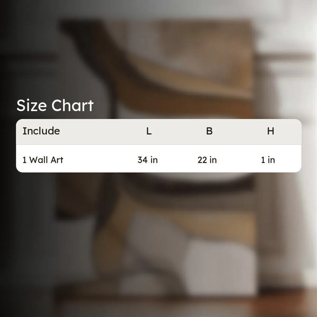 Blurred background image with a size chart overlay for the wall art