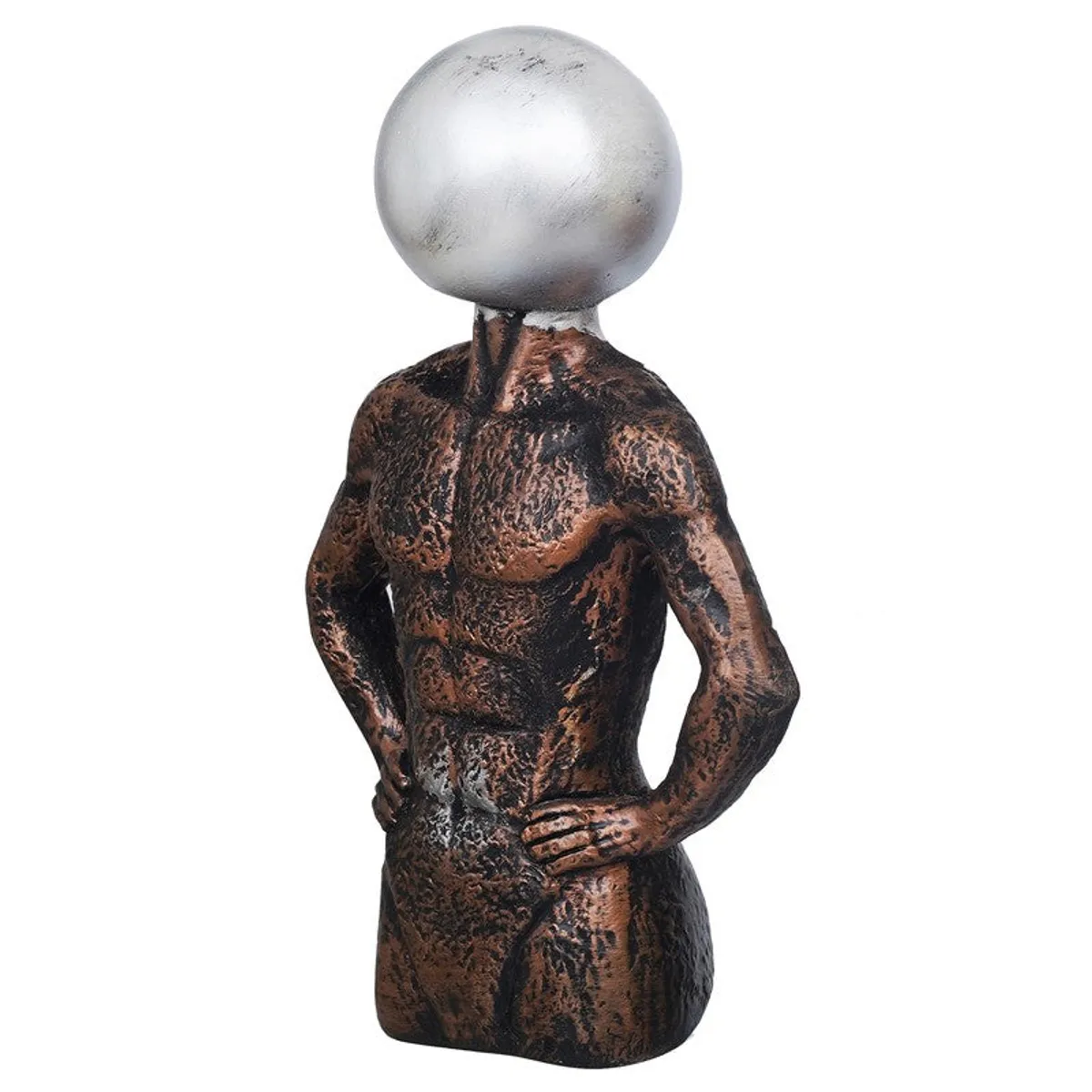 Angled view of abstract resin figurine with spherical metallic head