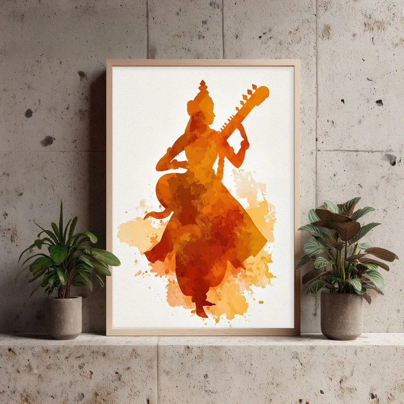 Sri Saraswati Devi Playing Veena Archival Paper Wall Art - Natural Brown Frame media 3