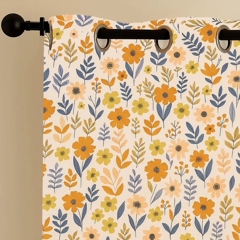 PetalPop Cotton Curtains - Set Of Three, multicolor floral cotton room-darkening set of three, fabric detail