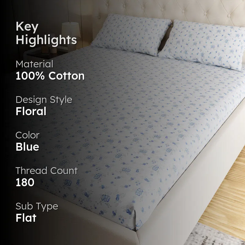 Breeze Floral Cotton Bedsheet (Blue) - 180 TC media 2