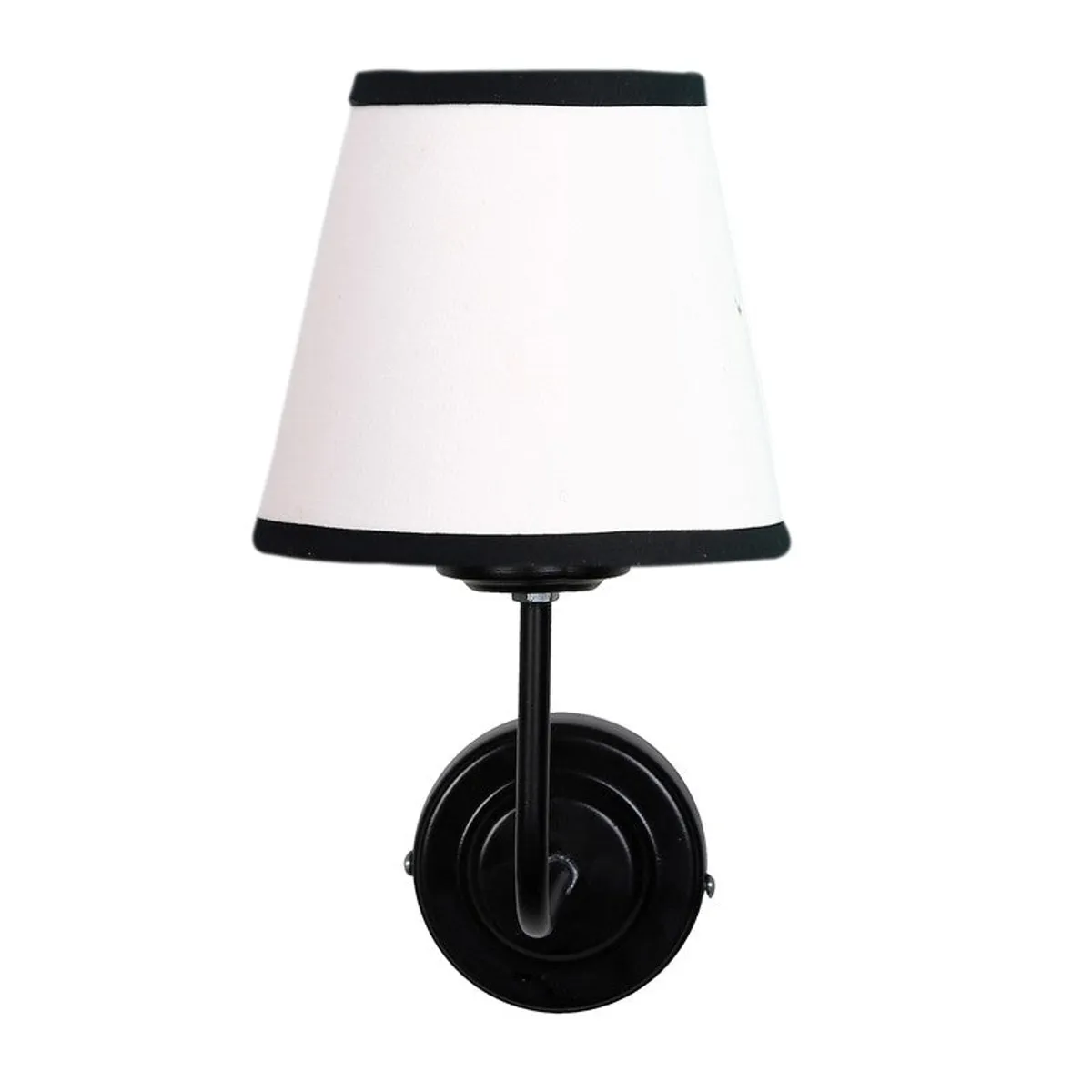 Front view of wall-mounted lamp with white shade and black round base