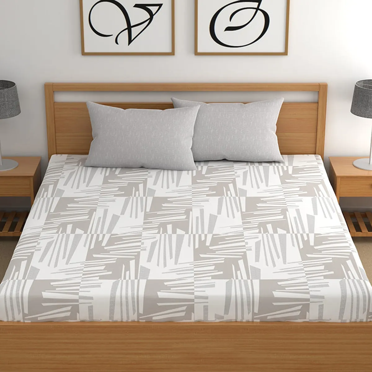 Front view of grey and white patterned bedsheet on a double bed