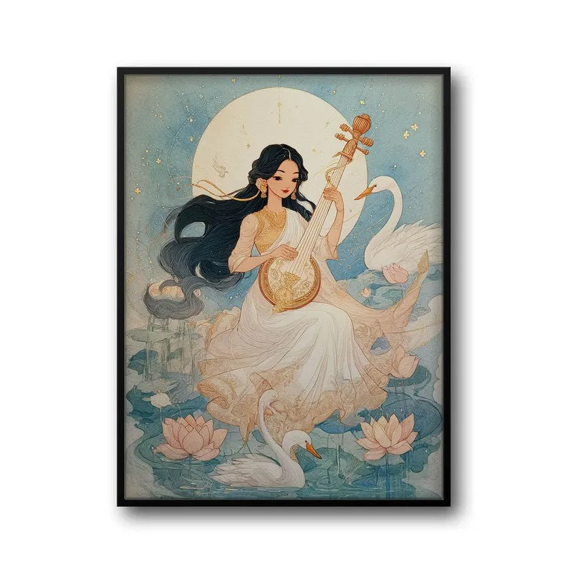 Goddess Saraswati Playing Bina Blissful Archival Paper Wall Art media 7
