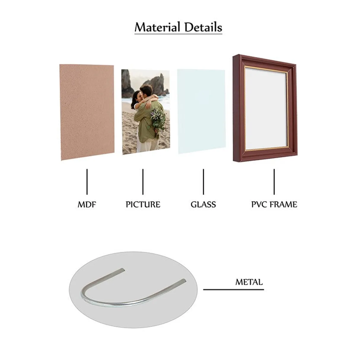 Photo frame shown with its layered backing and a curved metal support.