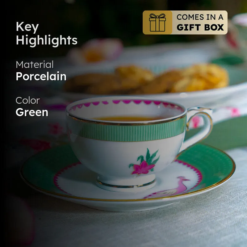Gilded Mayura 24k Gold Brushed Porcelain Tea Cup & Saucer (280 mL) - Set of Six media 2