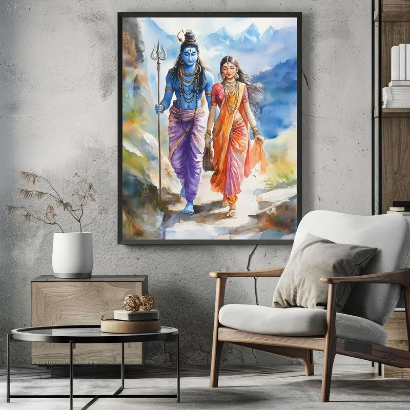 Uma Maheshwara Spiritual Archival Paper Wall Painting With Frame - Black media 3