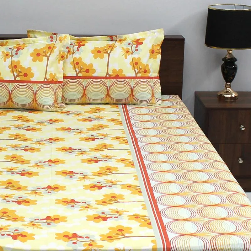 Warhi Floral Cotton Bedsheet (Yellow) - 110 TC media 1