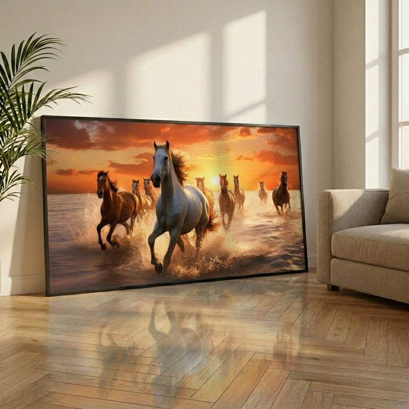 Ocean Horse Run Canvas Wall Painting With Black Frame