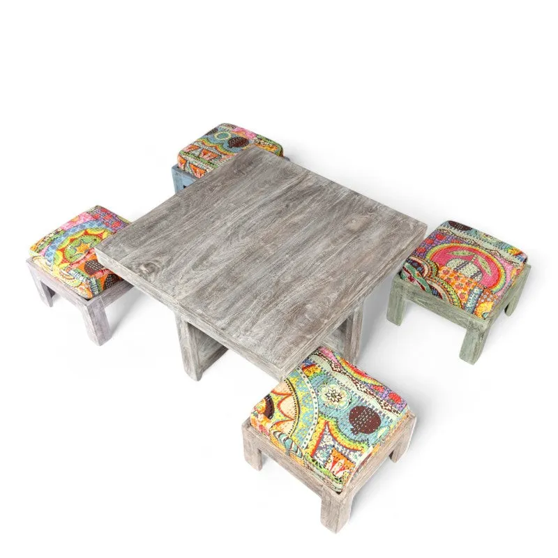 Fervon Sheesham Wooden Center Table with Stools and Cushions (Multicolor) - Nine Piece Set media 7