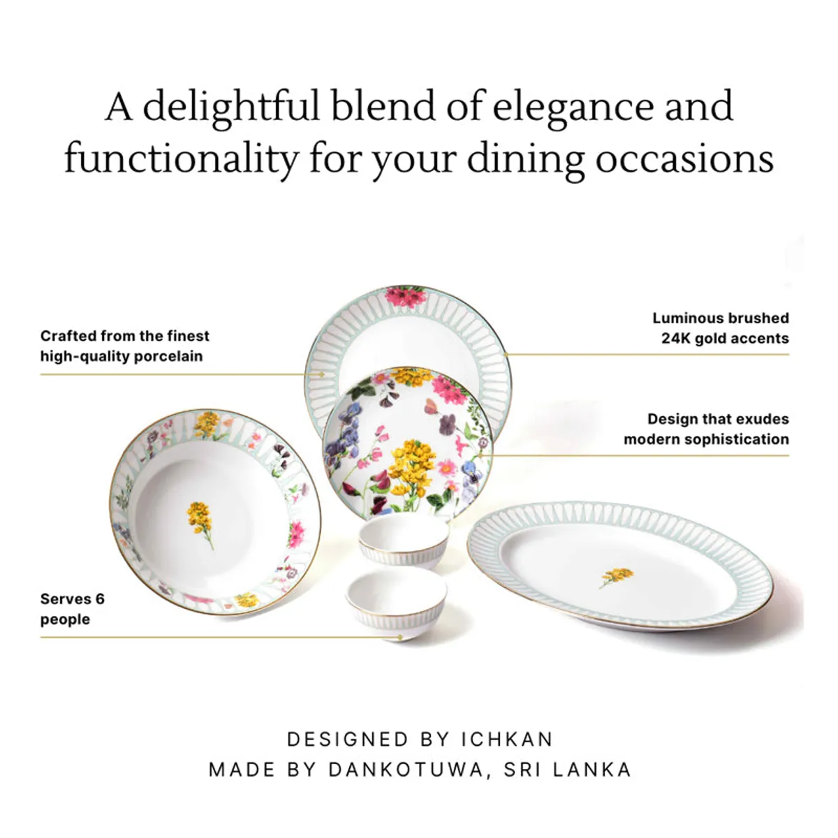 Basant 24k Gold Brushed Porcelain Dinner Set - 21 Piece Set - 14