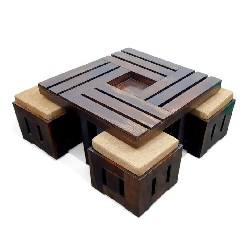 Flavon Sheesham Wooden Center Table with Stools and Cushions (Brown) - Nine Piece Set media 4