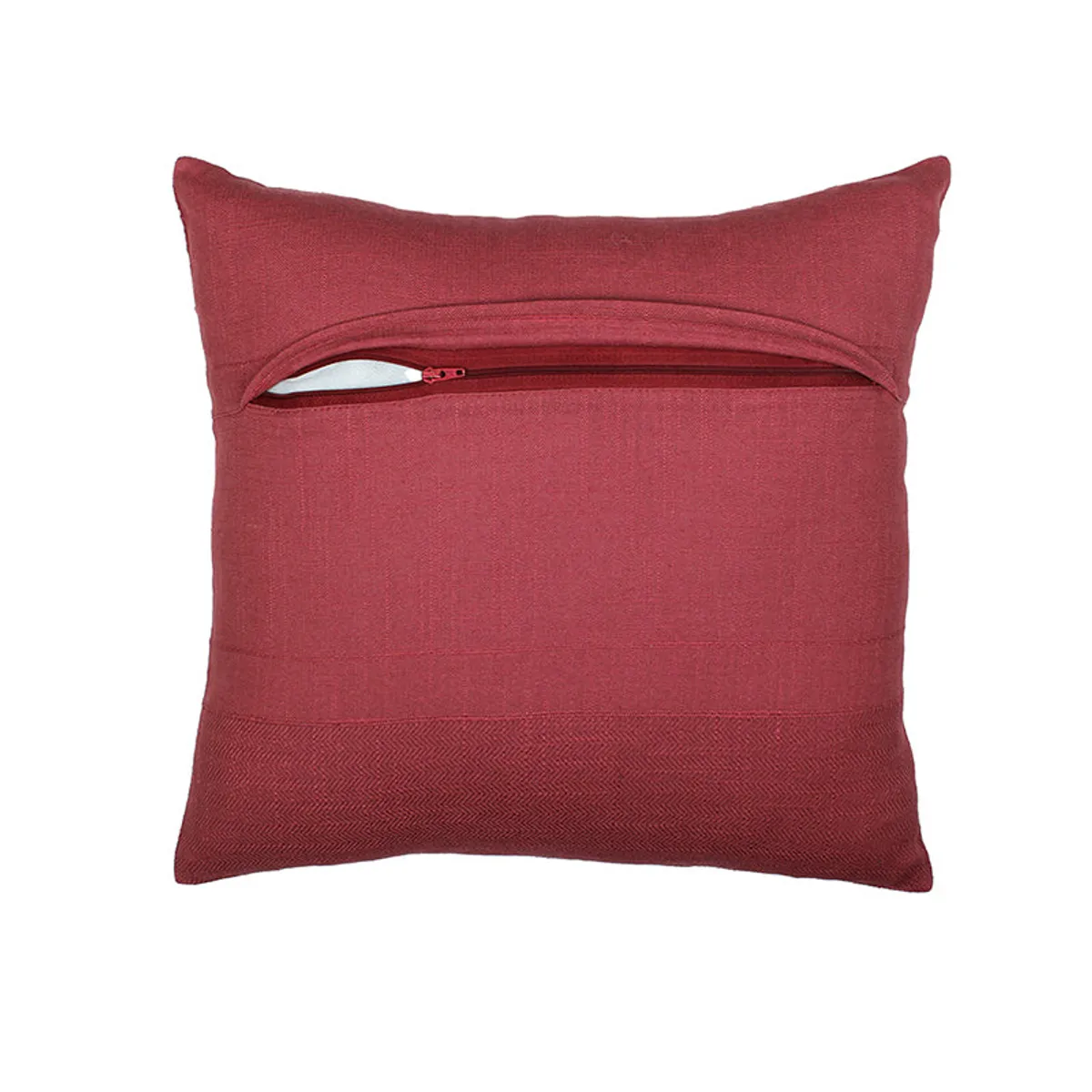 Red square cushion cover shown from the back with its zip closure
