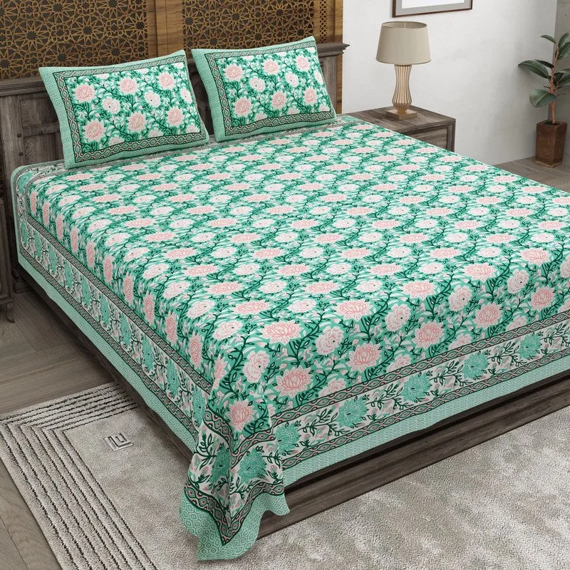 Leafix Cotton Bedsheet (Green,Pink) - 240 TC media 1