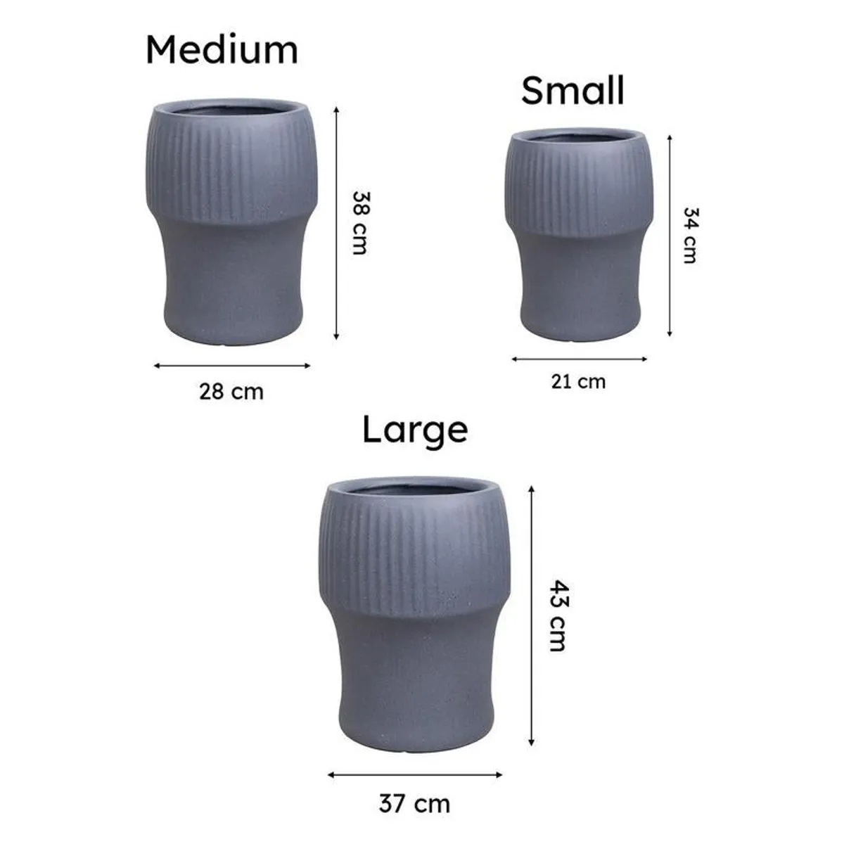 Size comparison showing the Small, Medium and Large grey planters