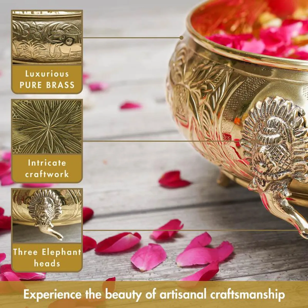 Close-up of ornate floral detailing and elephant-head accents on the gold urli.