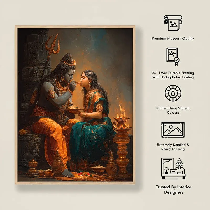 Divine Couple Mahadev and Parvati Blissful Archival Paper Wall Art - Natural Brown Frame media 8