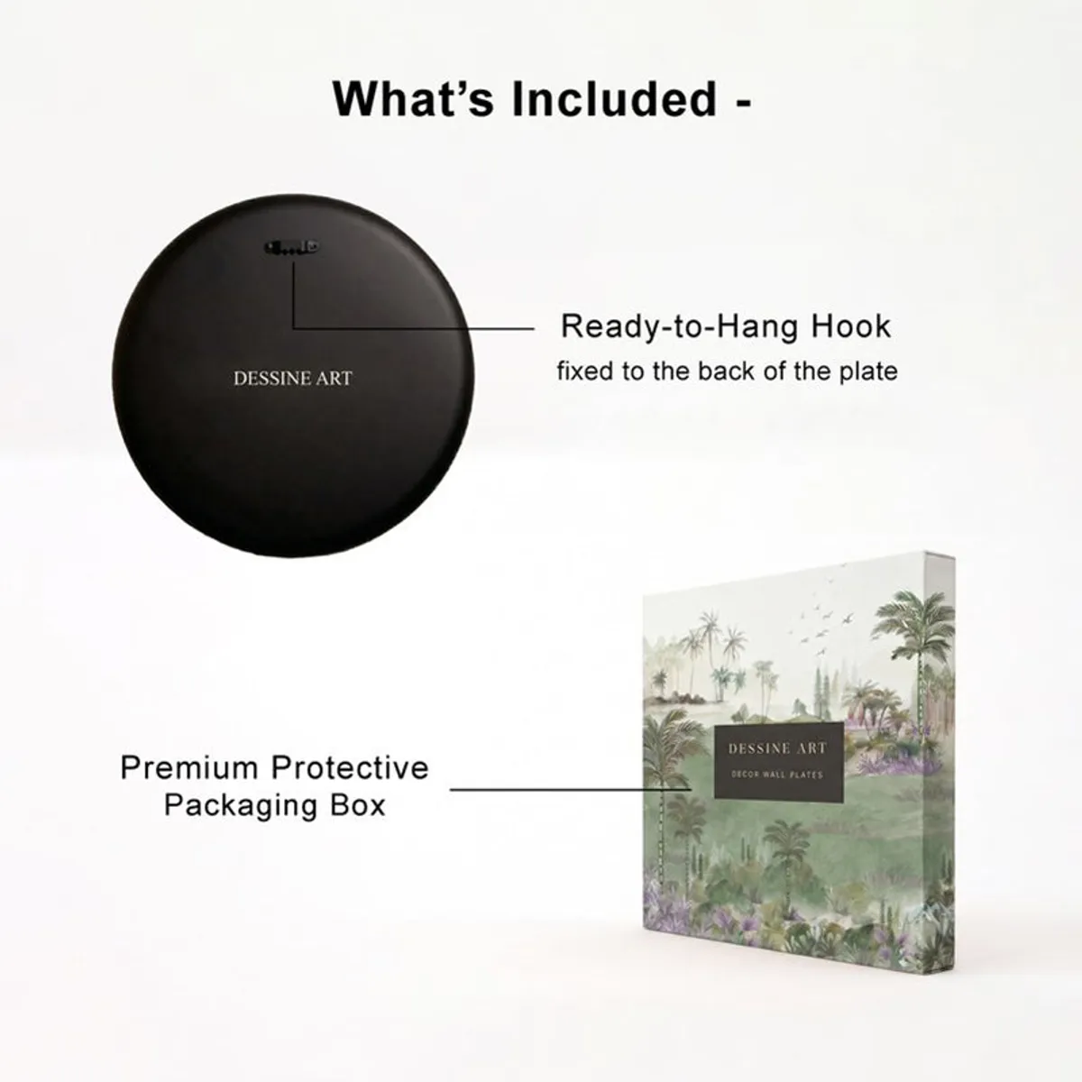 Back view of a round wall plate with hanging hook beside a decorative packaging box