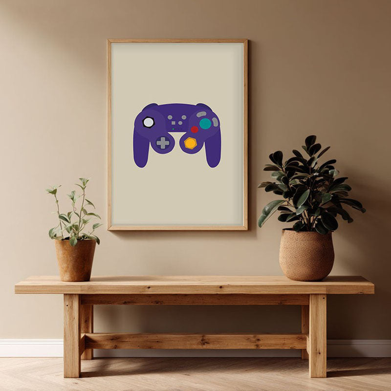 Retro Joystick Framed Canvas Archival Canvas Wall Painting - Natural Brown Frame