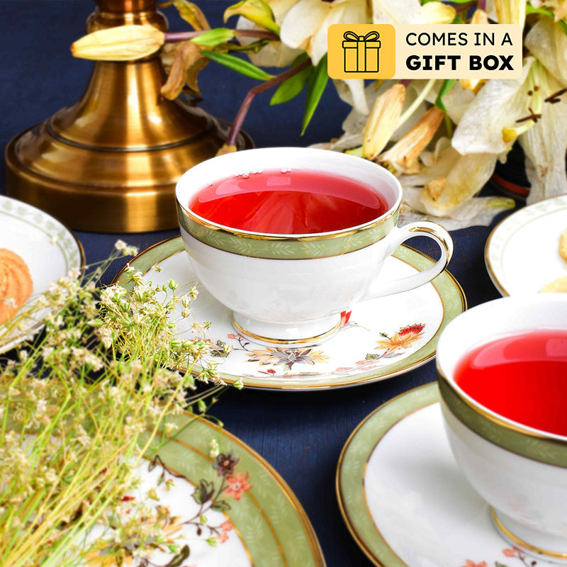 Painted Blooms 24k Gold Brushed Porcelain Tea Cup & Saucer (300 mL) - Set of Six