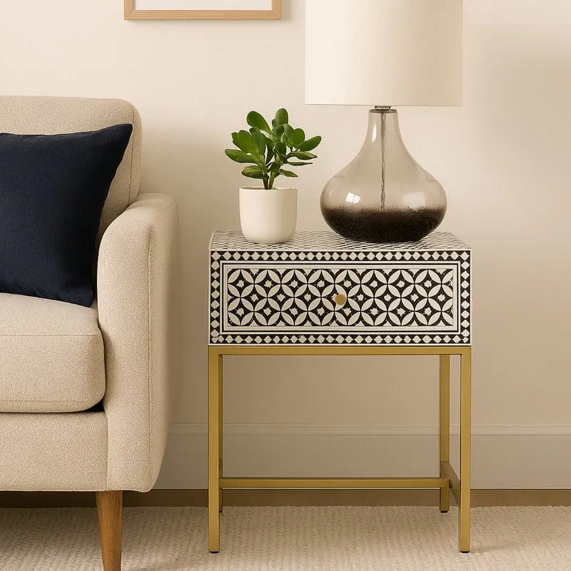 Sleek Black Bone Inlay Bedside Table media 1