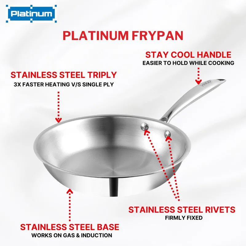 Silver frying pan with a single handle shown with labels highlighting its base and rivets.