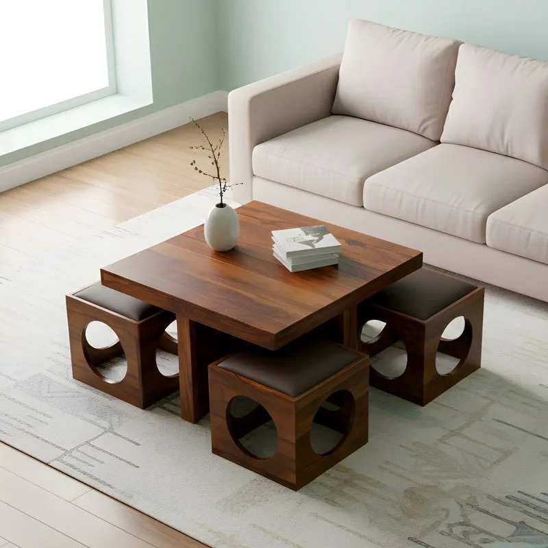Lervon Sheesham Wooden Center Table with Stools (Brown) - Five Piece Set media 3