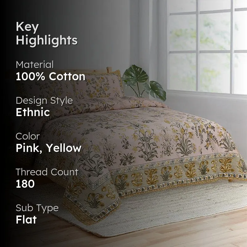 Rachna Floral Cotton Bedsheet (Pink,Yellow) - 180 TC media 2
