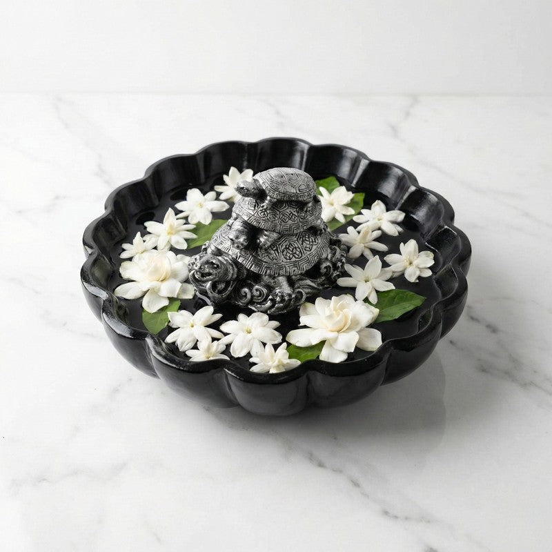 Sacred Three Tortoise Motif Resin Urli - Black media 4