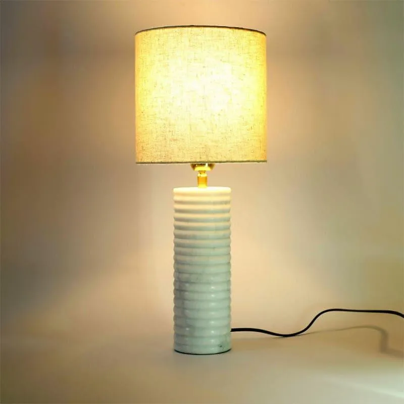 Spiral Hand Crafted Marble Fabric Table Lamp - Beige,White media 1