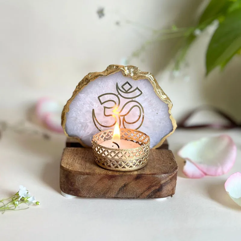 Om Handcrafted Agate Religious Accent With Tealight Candle Holder - White media 4