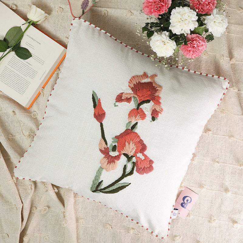 Crimson Lily Embroidered Cotton Cushion Cover