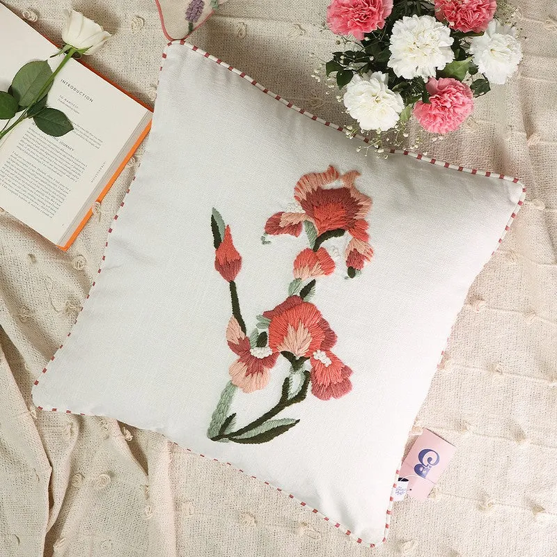 Crimson Lily Embroidered Cotton Cushion Cover media 1