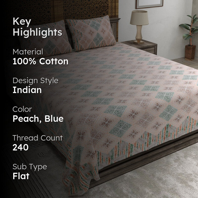 Blooma Cotton Bedsheet (Peach,Blue) - 240 TC media 2