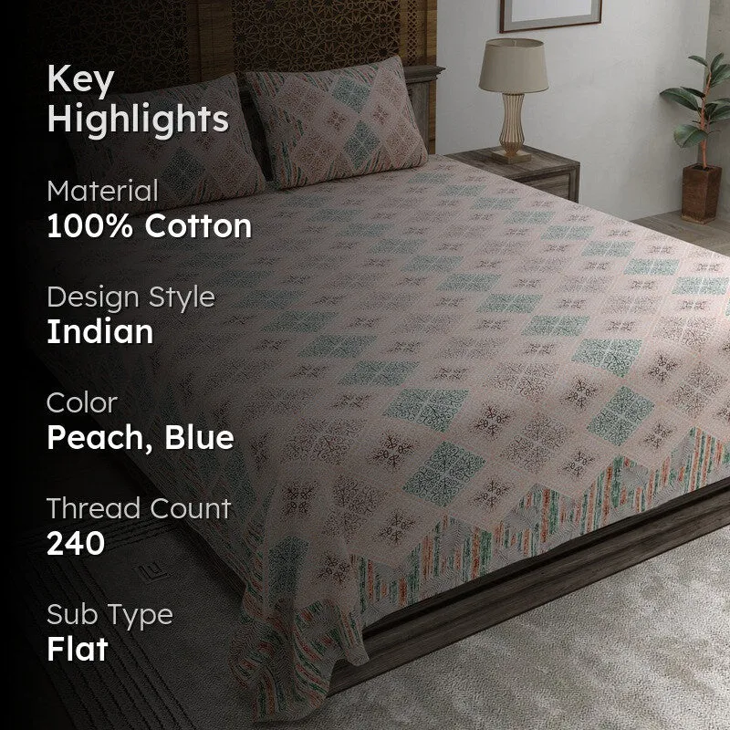 Blooma Cotton Bedsheet (Peach,Blue) - 240 TC media 2
