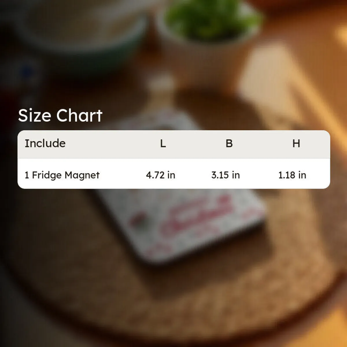 Christmas fridge magnet shown beside a size chart