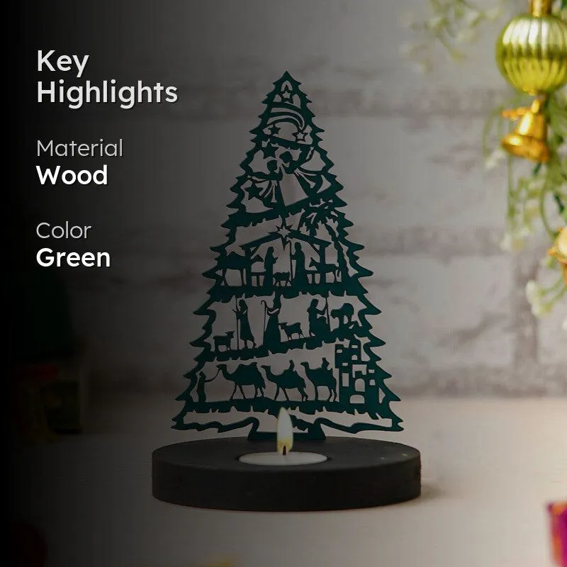 Manger & Tree Wood Christmas Tea Light Holder - Green media 2
