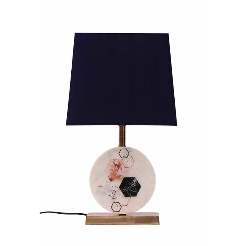 Hexa Marble & Brass Base Fabric Table Lamp - Blue,White media 4