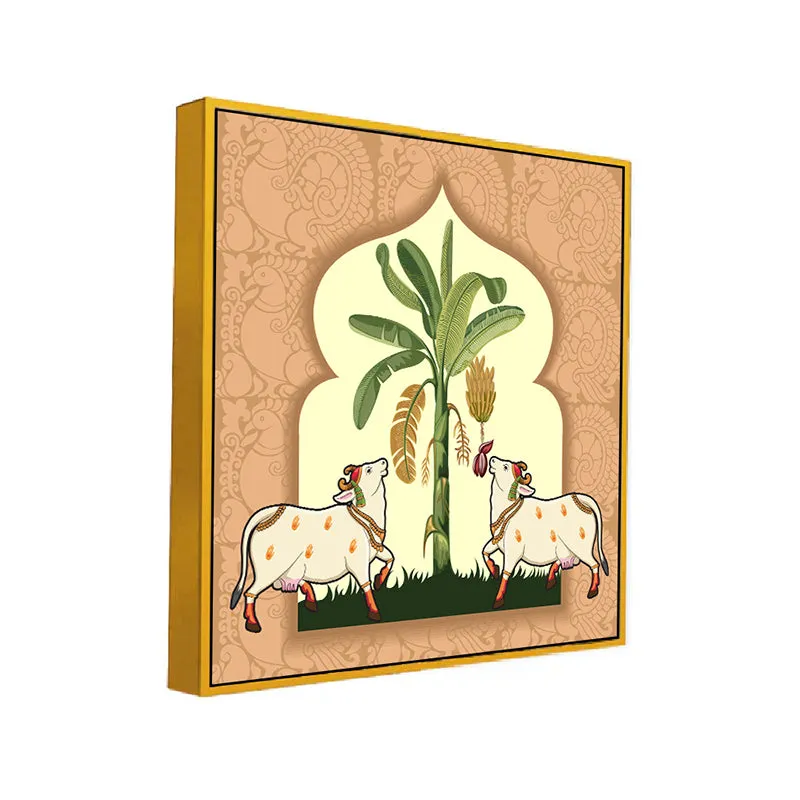 Cows & Canopy Canvas Wall Painting With Frame - Gold media 3