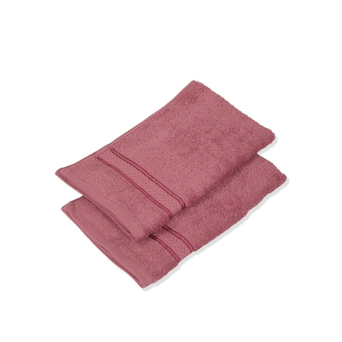 Two dusty pink textured hand towels stacked on a white background