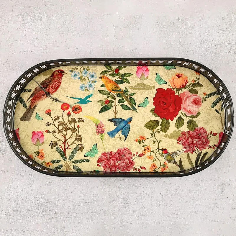 India Circus Floral Multicolor Rectangle Galvanized Iron Serving Tray media 3