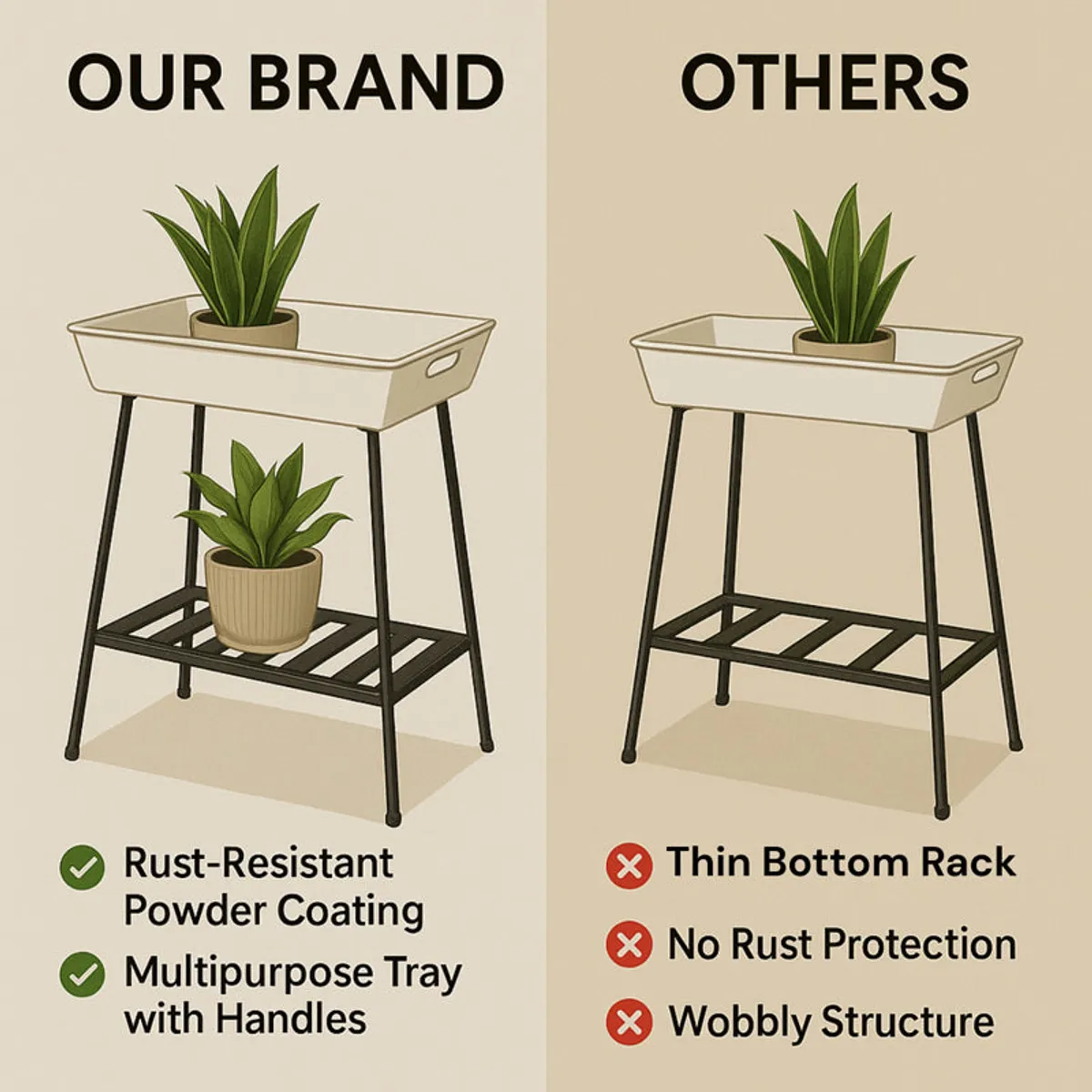 Illustration comparing the planter stand with another stand and highlighting its lower shelf