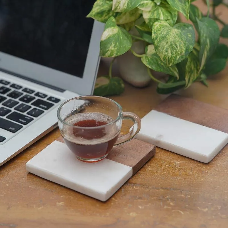 Losa Handmade Square Marble And Wooden Coaster - Set Of Two media 4
