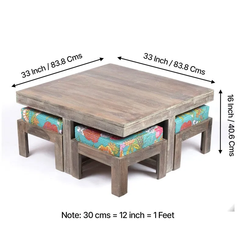 Exiron Sheesham Wooden Center Table with Stools and Cushions (Grey,Green) - Nine Piece Set media 11