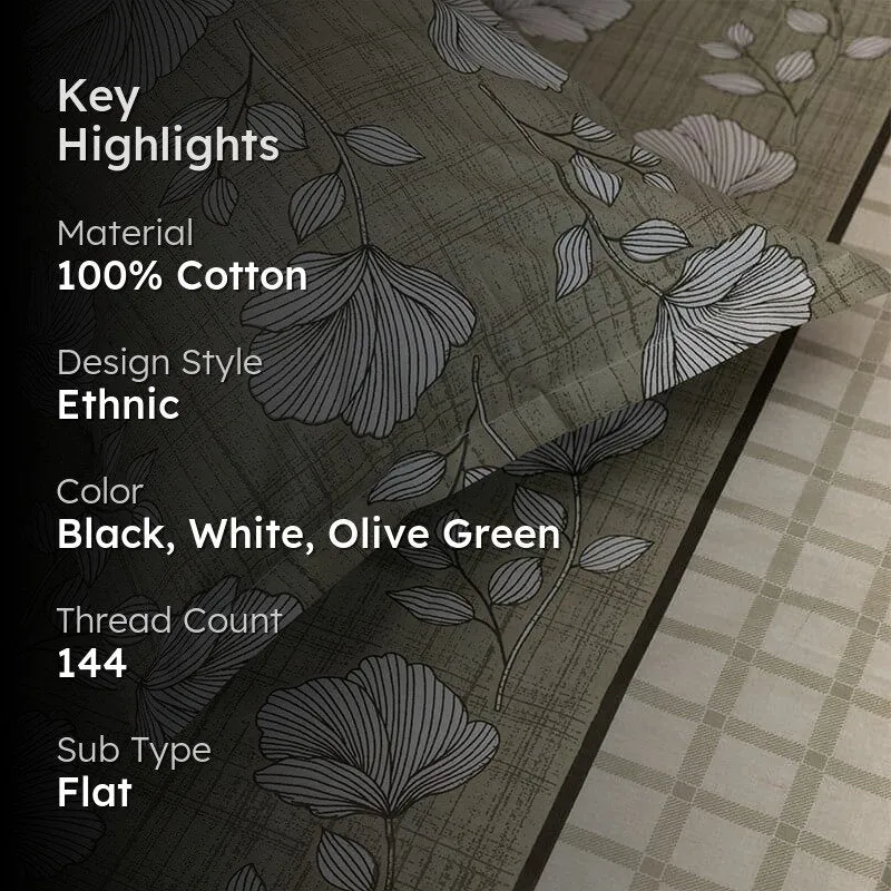 Manora Floral Cotton Bedsheet (Olive Green) - 144 TC media 2