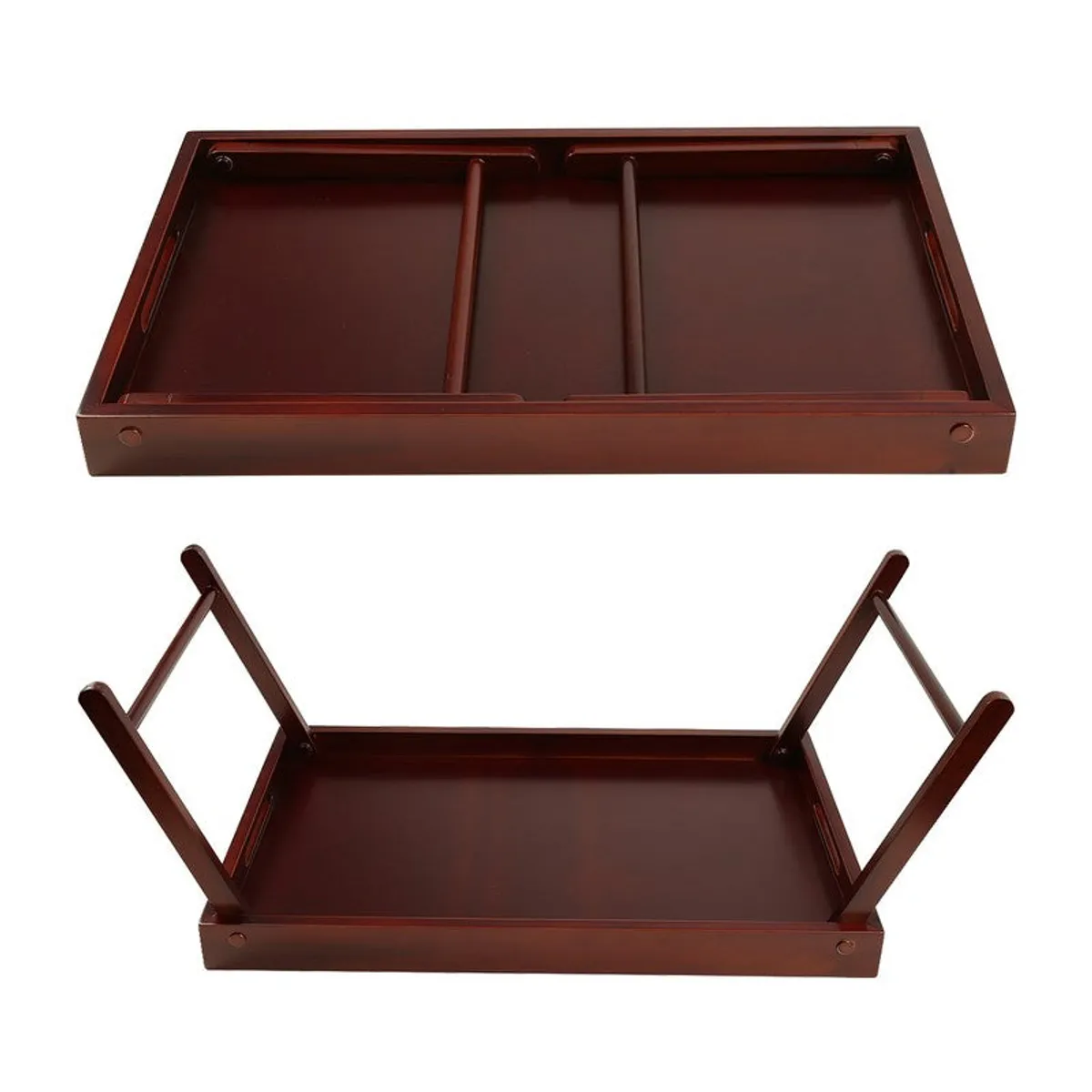Underside view of rectangular foldable tray table with folding legs