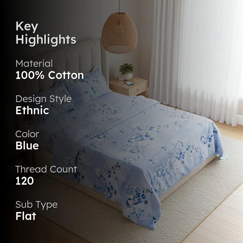 Nidra Floral Cotton Bedsheet (Blue) - 120 TC media 2