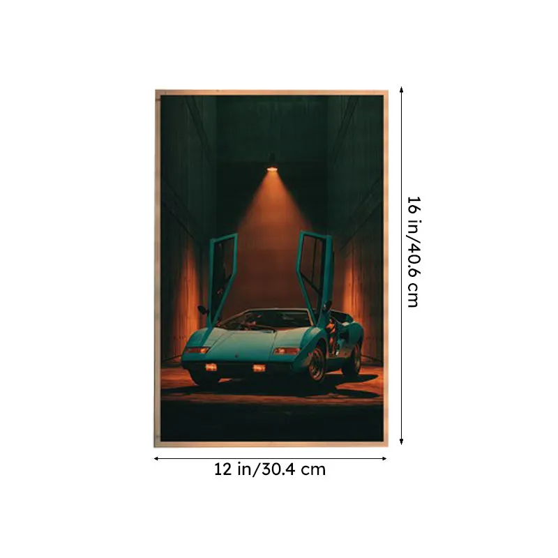 Single vertical car poster displayed with a wooden frame